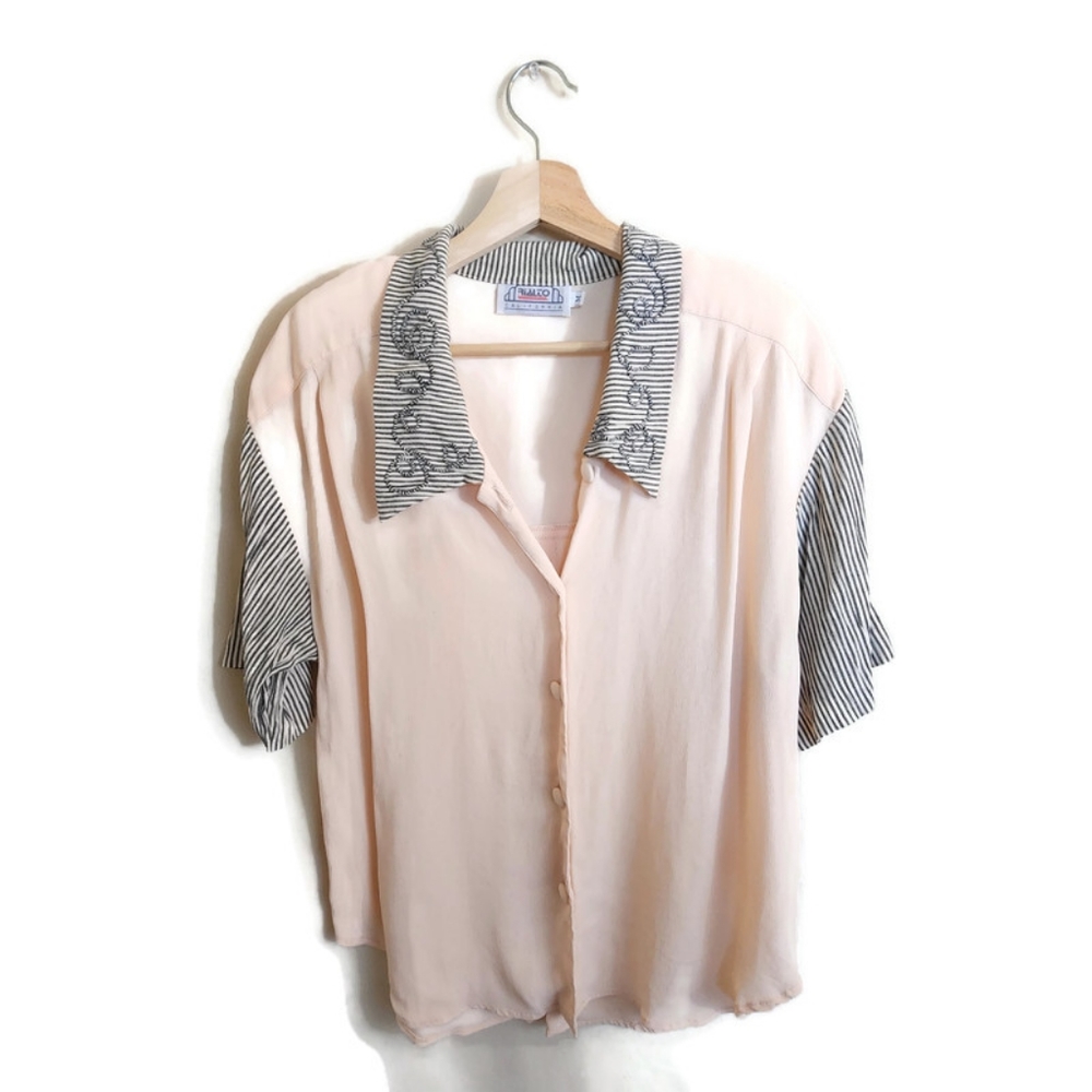 RIALTO CALIFORNIA Pink & Black Striped Collared Short Sleeve Button Up Blouse M